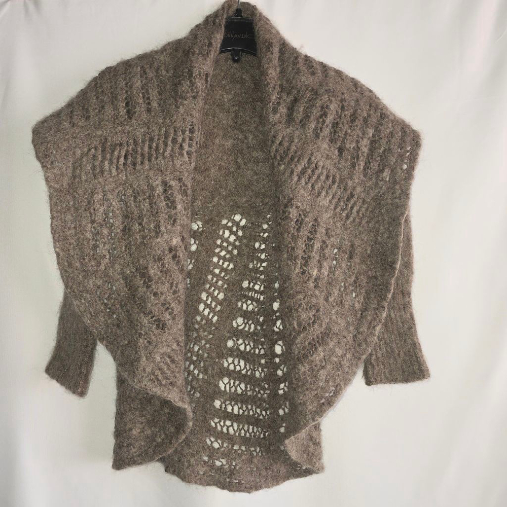 Women's Helen Welsh Brown Mohair Wool Open Shrug Knit Cardigan Shawl Collar M‎